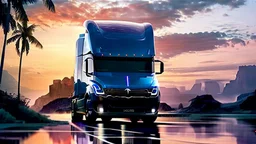 A Tesla semi-truck is parked, across the 'Jurassic Park' island. CINEMATIC. WIDE ANGLE LENS.