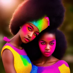 full body shot, masterpiece, best quality, family of three, dark skinned, sparkling eyes, fluorescent skin, colorful makeup, afro, highly detailed body, sun light, 4K, RAW, depth of field, high contrast, realistic details, 24mm