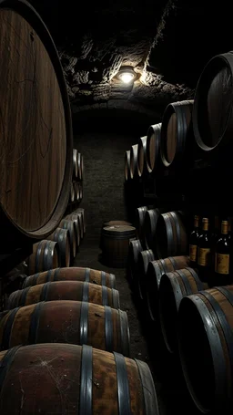 An old winery with a lot of old big wine Barrels in a dark room , a few bottles of red wines with and old labels and spider webs on old broken shelf’s in side a dark abandoned underground dark room with a little dim touch on the wall, scary, dramatic, mysterious ambiance