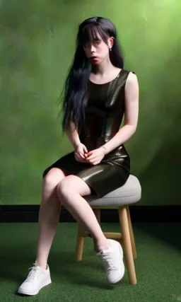 Billie Eilish, sitting on a chair, Black Short Dress, high detail, realistic