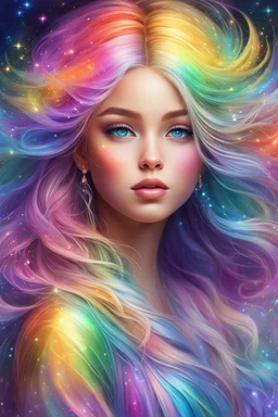 Adorable digital painting style. Pastel hues adorn her every trace, A rainbow girl with a shimmering embrace, Her eyes, glistening with dreams and grace, A vision of magic, lighting up any space. highly detailed, beautiful detailed digital art, beautiful artwork, very beautiful fantasy art, beautiful fantasy painting, digital art, dream, high quality, 4k, correct face structure, correct anatomy