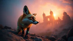 Awe-inspiring wonder, focus stacking for impossible depth of field, echoing Simon Stålenhag's atmospheric storytelling, a cybernetic fox with bioluminescent markings, fisheye distortion emphasizing central focus, baroque oil painting, golden hour sunlight filtering through mist, brutalist architecture reimagined in an alien landscape --v 7
