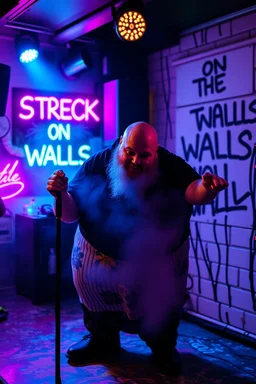 An "Mischief man" performing at dance club, his name is "Janne" fat, bald with beard and looks crazy, Paint on stage, Neon lights and smog, "STRECK ON THE WALLS" SIGN ON WALL, white walls with black paint lines