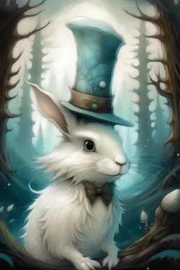 Cute fantasy white snowshoe hare wearing a top hat; big pine trees all around; in the style of Bastien Brian Froud