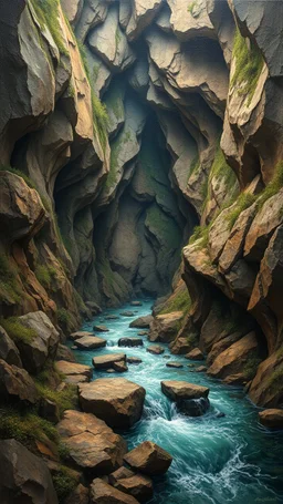 Bosch painting style, 3D multi layers caves where the a river stream