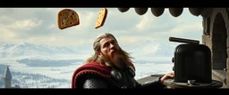 Movie poster portrait. The mighty God Thor sees the toaster on a pole, spit out one slice in his face. The bread is jumping over his head. In the style of Rembrandt and "Gods of Fallout 4". He is sitting on the balcony of his castle, with a great view over the frozen valley. He is trying to grab the bread quickly. "Fali' ja."