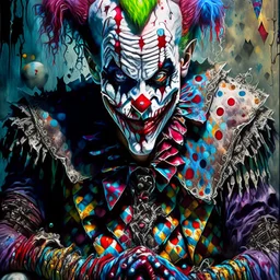 Harlequin clown patchwork art by cameron gray epic poster, Hyper realistic monster clown. sits on a pile of bones and skulls watercolor painting, Jean-Baptiste Monge style, bright, beautiful in spring, splash, big perfect eyes, rim lighting, lights, magic, fantasy, digital art, wlop, artgerm and james jean Modifiers: 8k cinematic lighting photorealistic 4K 3D crisp quality hdr Ultra realistic Gian Lorenzo Bernini Geometric and cubist