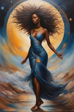 As she walks, her hair flows behind her like a celestial river, adding to the sense of movement and dynamism in the painting. Her presence is captivating, drawing the viewer into her orbit with her magnetic charm and grace. Overall, the painting captures the beauty and majesty of the cosmos, juxtaposed with the strength and resilience of the African female form. It's a celebration of diversity, beauty, and the infinite possibilities that lie within the universe.