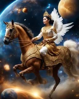 Realistic photography take photoshoot from far , front view of a beautiful female angel with dressed in traditional Javanese clothing riding a golden horse-drawn carriage, flying in space, a galaxy surrounded by planets