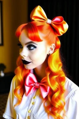 A beautiful girl with bright hair tied at the ends with a beautiful bow on her hair