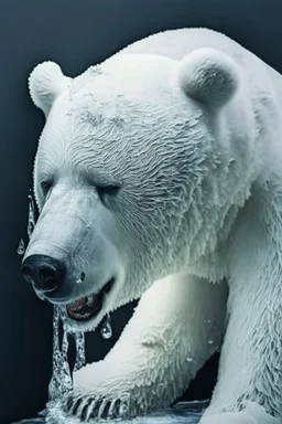 polar bear melting into white liquid, hyper-realistic photography, detailed expression of agony, hyper-realistic fur and anatomy details, dark colour tone, epic colour treatment, cinematic colour treatment, meticulously intricate perfectly symmetrical extremely detailed, pixiv daily ranking, pixiv, extreme depth of field, artstation, sculpture style, spectacular details, volumetric lighting, masterpiece, cinematic, Hollywood production, 8k resolution, high definition, max o