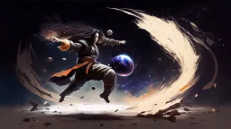 Martial Arts master, kicking, fighting, long hair, epic, space, planetary, planet destroying, dark, cute