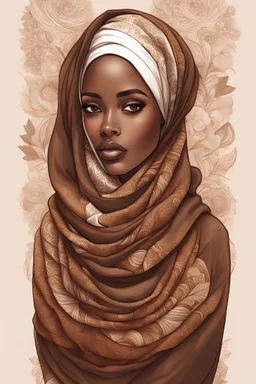 Create a hand-drawn, full-body illustration of a woman wearing a vintage-style hijab, inspired by African culture. The character should be depicted in a rich coffee brown color palette, reminiscent of the earthy tones found in African landscapes. Ensure that the illustration captures the essence of African features and culture, with intricate detailing throughout. white background,