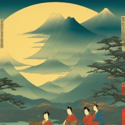 Ukiyo-e, mountains, sun