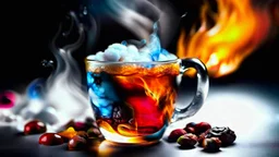A cup of coffee with coffee beans around the image combined with light, water, ice and fire
