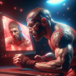 wrestler doing a super duplex on a tv, 4 k, down-light, soft light, depth of field, photo realism, trending on art station, high detail, spray paint