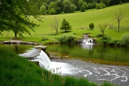 country side with a small lake and a pretty fall that comes out of a river to lake