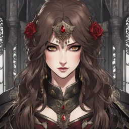 A portrait headshot of a confident looking young woman with pale skin and long brown hair in a dark fantasy setting with intricate details. She is wearing black and read leather, has red eyes, an air of malevolent power surrounds her. Anime style. High definition.