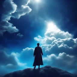 The Prophet looks to the sky with cloud and star , open wood door, and he walk on sky and cloud, effect of Cinematic lighting, realistic