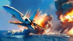 fighter jet fires missile at passenger 747 plane and it explodes over the ocean