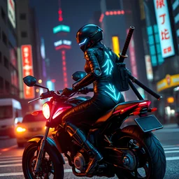 In the city at night, neon Asian cyborg ninja female warrior with no helmet with katanas strapped to her back riding a chopper