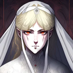 Berserk artstyle of a 14 old girl with blonde knee-length hair, Crystal beryllium eyes, with heavy eye bags, in a white Victorian gown and a white laced veil on top of her head.