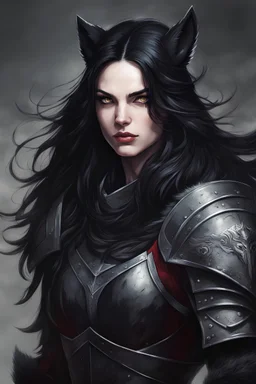 portrait of a athletic woman warrior, long black hair, redish eyes, pale skin, black medieval armor, black wolf pelt over her shoulders, comicbook art style