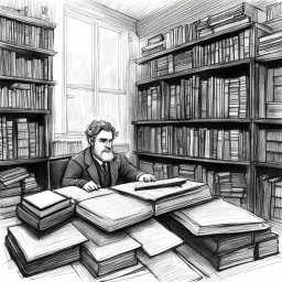 [a chaotic pen sketch with a lot of strokes in stippling] a man in a library surrounded by books and papers
