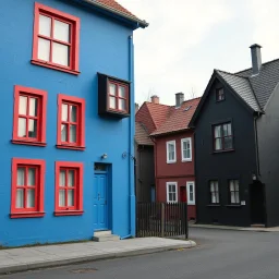 Fotografia di strada falsa a Magog blu weirdcore dai colori vivaci. Non luogo falso, inusuale. Max Ernst. Le case sono false e dipinte di nero chiaro con cose stilizzate e dettagli. Ci sono finestrelle false quadrate, che danno un senso distopico e molto surreale, disposte in modo casuale. L'atmosfera generale sembra noiosa e onirica, con un contrasto tra elementi reali ed elementi dipinti falsi