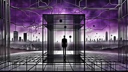 inner stands a human figure alone in an cube like cage with dense bars , in outside around in the distance big landscape with big city and many fade human figures in the city, dark purple, gray, black, white, brown. Whimsical style and surreal vibe, lonely with neuron network background, surreal stunning vibe