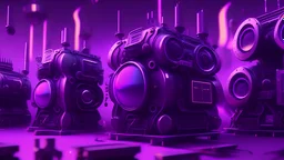 five giant magic generator machines side by side with lots of gadgets, purple tones, dreamy, psychedelic, 4k, sharp focus, volumetrics, trippy background