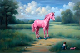 Big pink plastic toy horse.19th painting