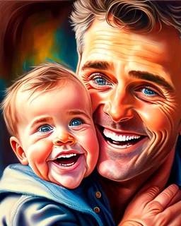 Papá feliz sonriente con su bebé mirándolo a los ojos felíz cuerpo completo colores contrastantes obra de arte arte impresionista impactante detallado ojos marrones hiperrealista 8k coherente