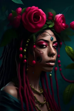 young woman with dreadlocks dark moody art with spring feel and color, pomegranate tree in background pink roses with flower headdress, hyper realistic maximalist concept art