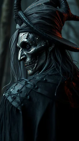 Busch painting style nightmare, a zoomed rear view of a witch by his face skin is a rusted broken metallic skin texture in a 3d rendering full-height image of a grim and dark scene. Ensure the final images exhibit the utmost quality, encompassing 4K, 8K, and 64K resolutions, with 3D rendering that manifests in photorealistic, hyperrealistic, and highly detailed representations. Employ techniques such as HDR, UHD,