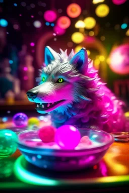 glitter haired wolf playing a hippie space ship made of ice cream, smiling with beautiful shiny, each inside a pile of transparent jelly bubbles of weird colors, disco egg made of small mirror, light rayz, feast table ,shot on Hasselblad h6d-400c, zeiss prime lens, bokeh like f/0.8, tilt-shift lens 8k, high detail, smooth render, down-light, unreal engine, prize winning