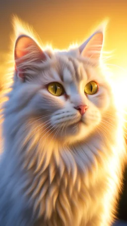 Portrait of a fluffy white cat, against a snowy winter backdrop, golden hour, low angle, visually appealing composition, Insanely detailed, 16K, Intricately detailed, digital art, perfect composition, beautiful, divine, Edwin Landseer, trending on Artstation, ZBrushCentral, Adobe design, deviantart, CGSociety, Behance HD