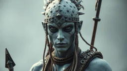 Tribal warrior; White skinned; metal orbs for eyes.