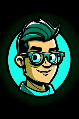 Crea un logo para una web de comics y geeks con un nerd de lentes en caricatura