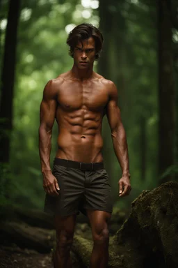 22 year man with lightly tanned skin and medium length brown hair,angry expression, shirtless in a forest