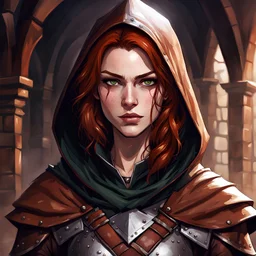 dungeons & dragons; portrait; female; teenager; pale skin; shirt auburn hair; brown eyes; freckles; scars; thief; leather armor; cloak; hood