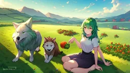 Girl, green hair, wolf paws in hand, farm, sit, wolf paws in feet, blushed, eat a carrot