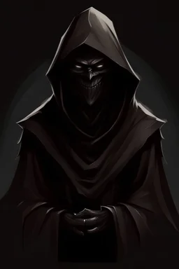 a pitch black being with a hood and a cloak on with his only visible body part being his constant smile