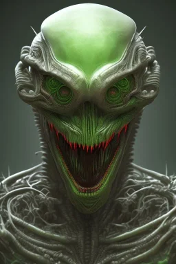 green alien, head, evil, red eyes, big silver teeth, weapons, blood, 8k, finely detailed, photo realistic, HR Giger style