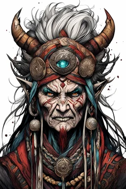 character concept illustration of an aged, world weary, Norse female tribal shaman , maximalist, sharp focus, highest resolution, in the styles of Alex Pardee, Denis Forkas , and Masahiro Ito, boldly inked, 8k, coarse, gritty textures