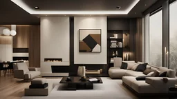 Sala grande minimalista, sofá, planta grande, paredes escuras, castanho,preto e bege, chão madeira, lareira, pintura abstrata com quadrados