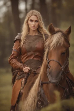 A beautiful woman with blond hair, viking braids Brown leather armor. Horse