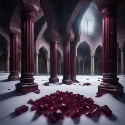 Hyper Realistic Big Maroon Crystals on snow Inside a Dark Abandoned Mosque with beautifully crafted pillars at dark night