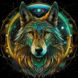 Image of a wolf made up of thousands of very thin glowing lines.Wolf is looking straight at the camera , Symmetrical image, Background is a colorful flowy swirls, golden lines, 3D, alcohol ink effects, sprinkle glitter, pearls, beads. Placed in a glass ball..