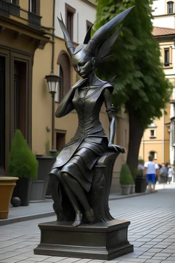 Huge iron sculpture of a elf woman with elf ears an imperial dress on a iron cube outside